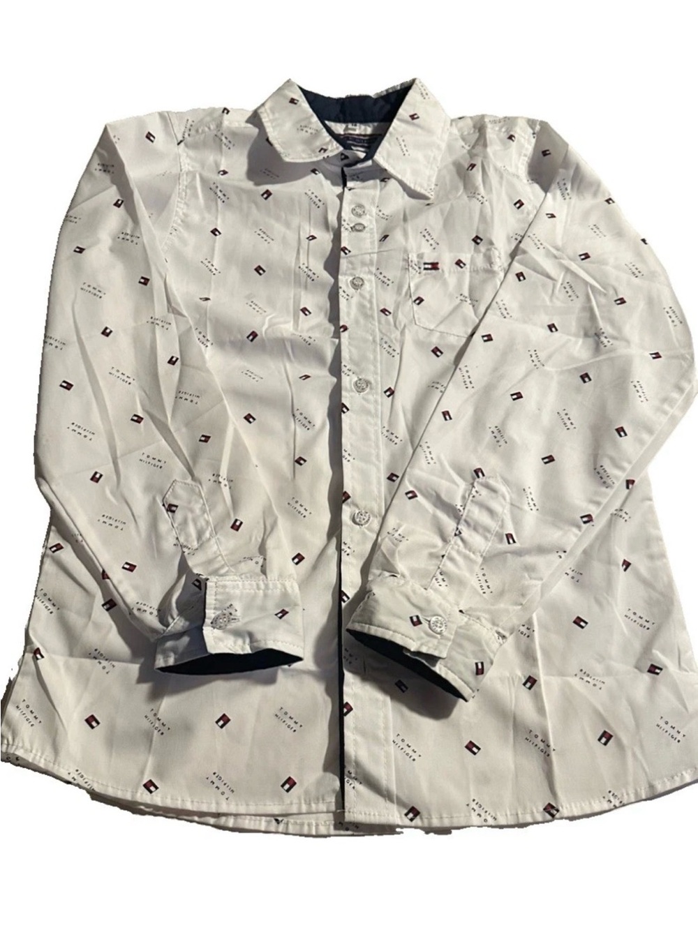 Tommy Hilfiger Boy's L 16 White Long Sleeve Button-Up Geometric Cotton Pockets
